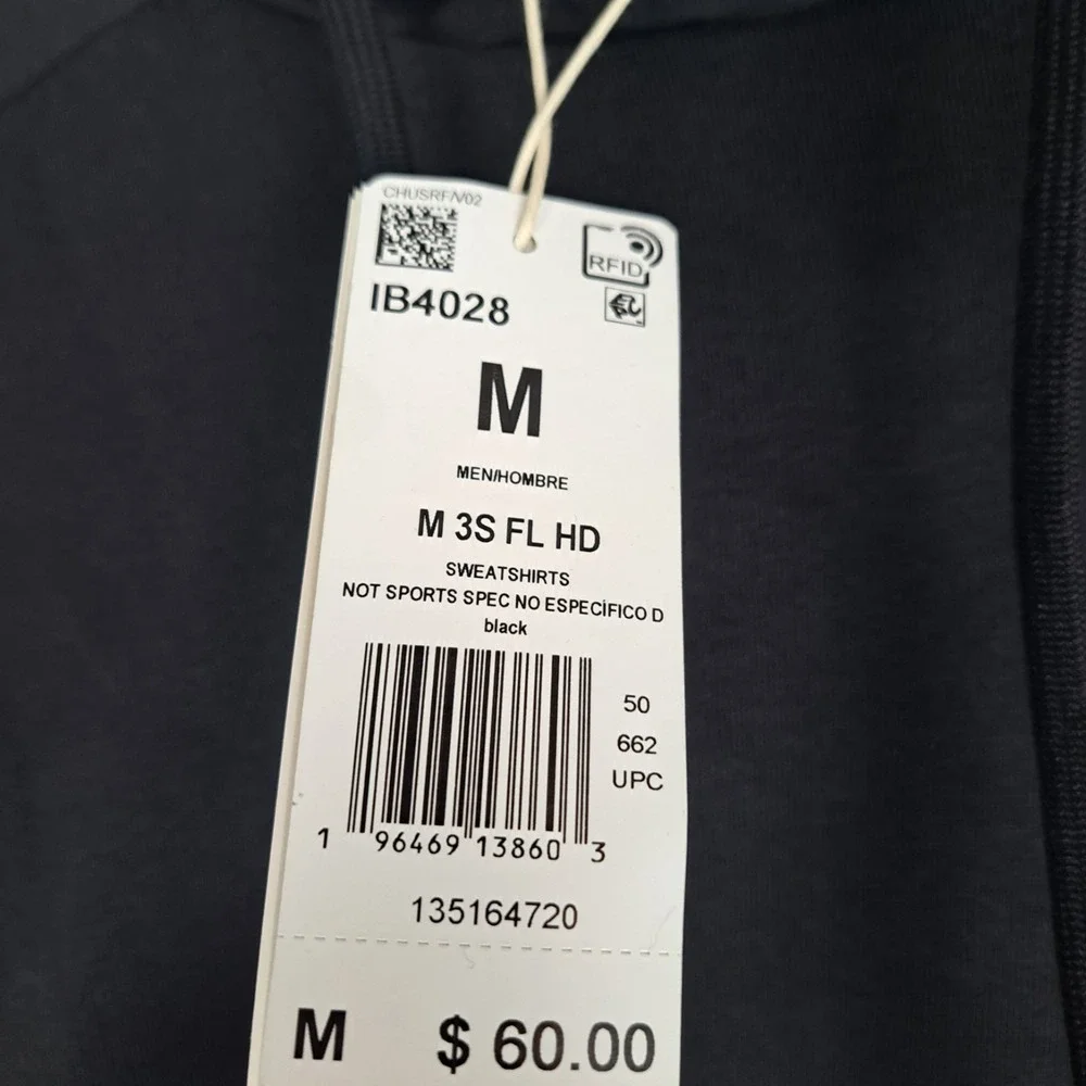 Adidas Hoodie Mens Medium Black 3-Stripes Fleece Pullover Sweatshirt Logo IB4028